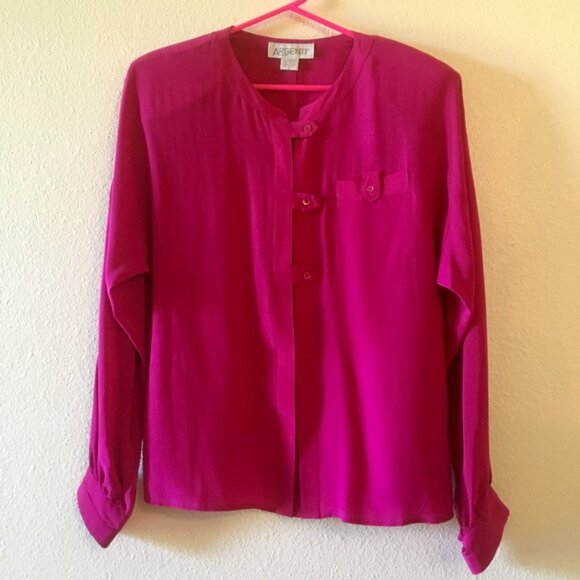 Vintage 80s Argenti 100% Silk Blouse Bright Pink Long Sleeve Button Down Size 12 - Picture 1 of 4